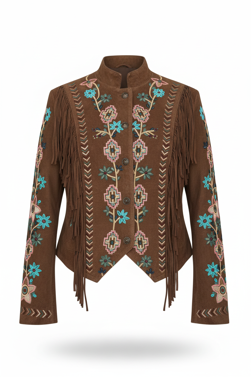 Beaded Fringe Suede Jacket ghost mannequin product image, tighter collection-style crop